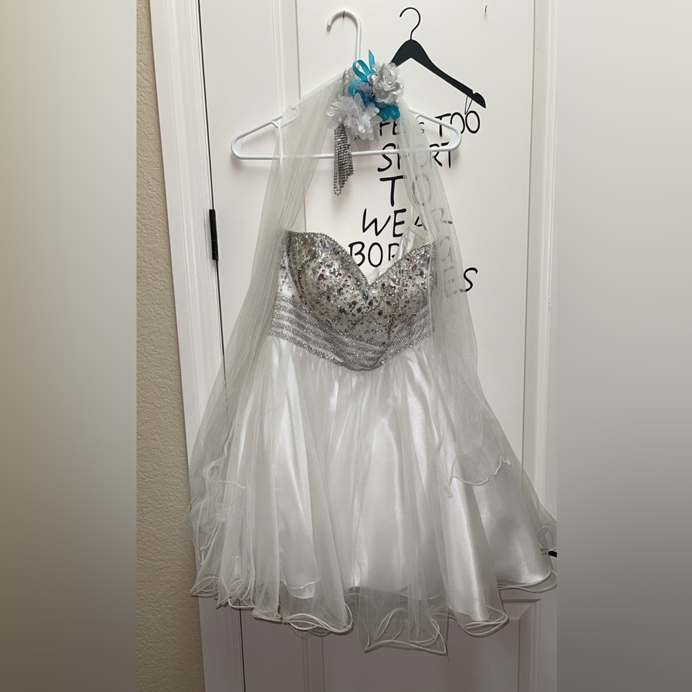Anny Lee, white, strapless, rhinestone, corset back dress: Size medium